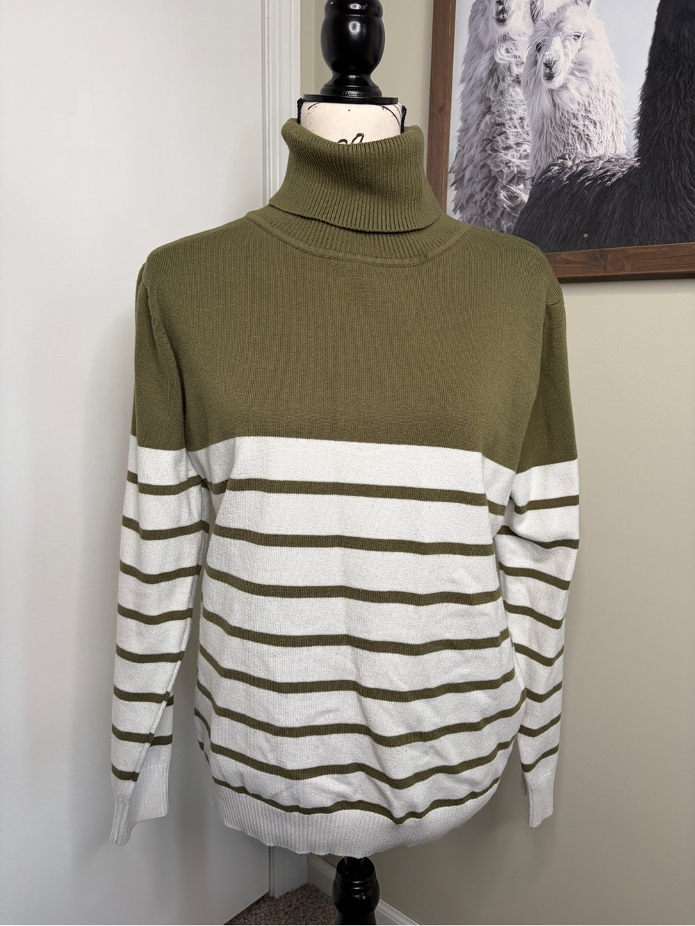 Women's Olive Green & White Striped Turtleneck Sweater